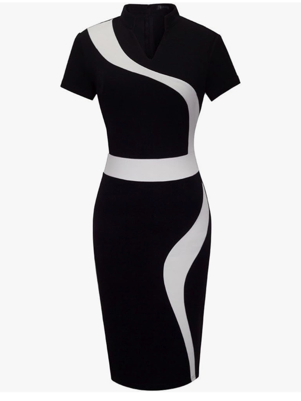 Sleek Black Mini Dress with White Curved Panel Accents
